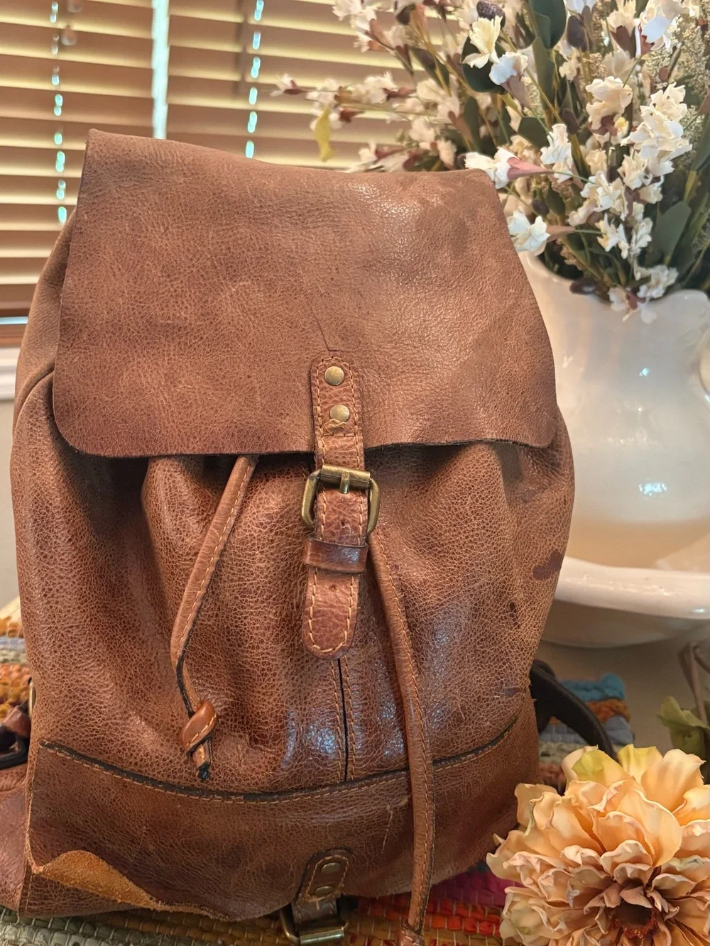 Patricia Nash Rustic Brown Leather Backpack with Canvas Logo Pouch